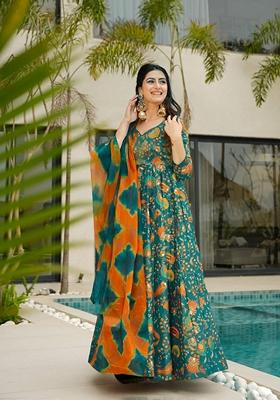 Multicolor Printed Muslin Gown With Dupatta