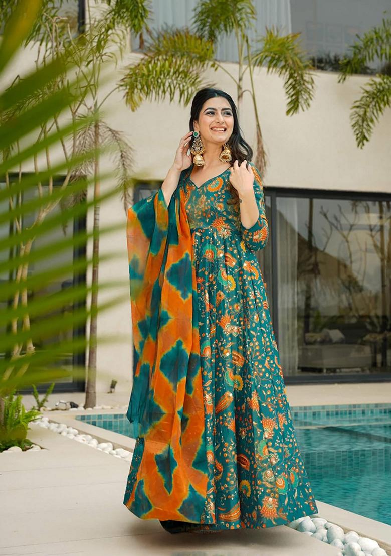 Multicolor Printed Muslin Gown With Dupatta