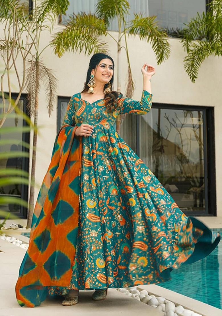 Multicolor Printed Muslin Gown With Dupatta
