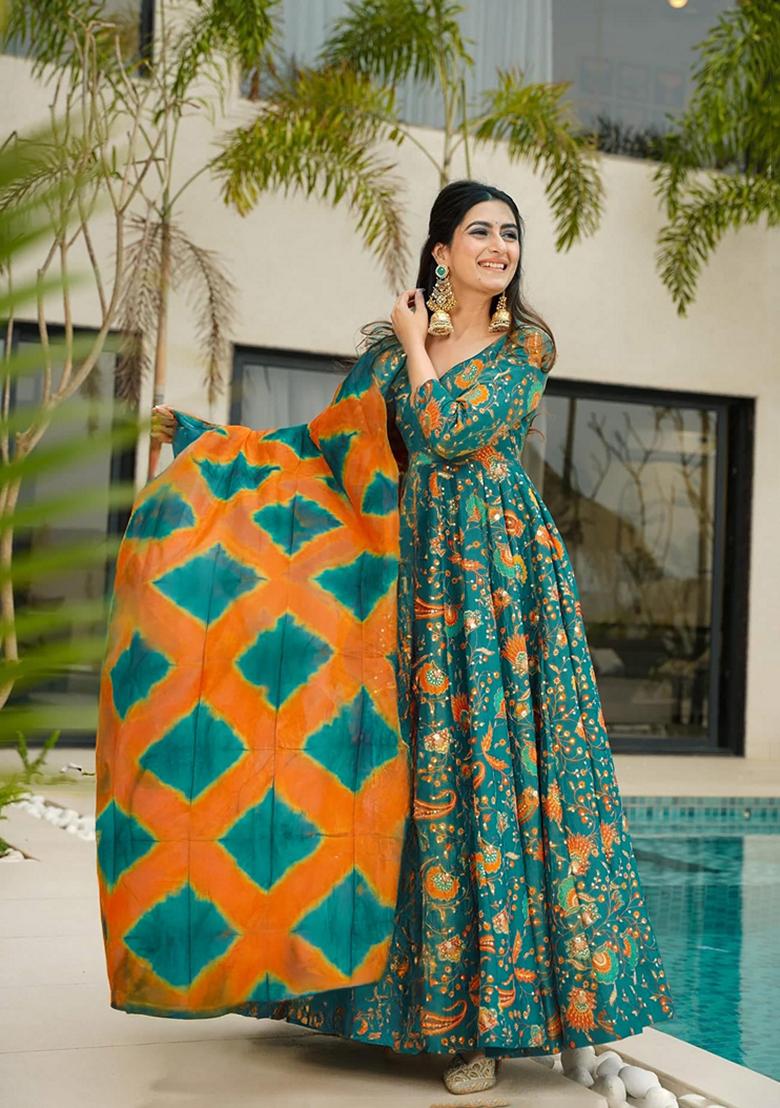 Multicolor Printed Muslin Gown With Dupatta