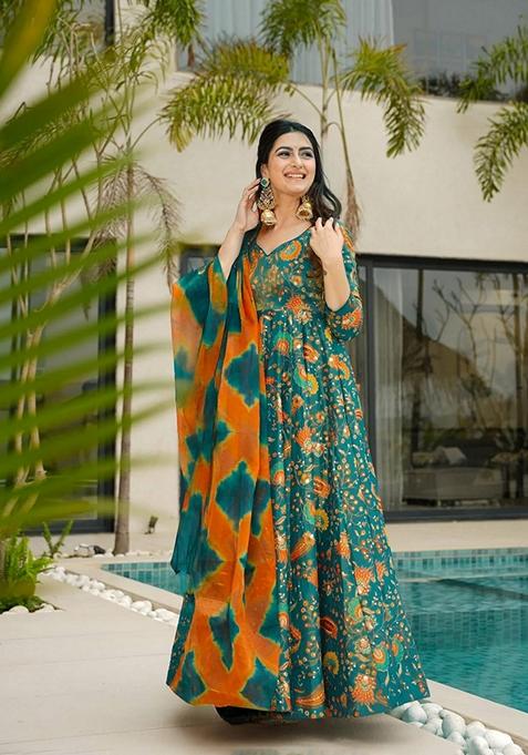 Multicolor Printed Muslin Gown With Dupatta