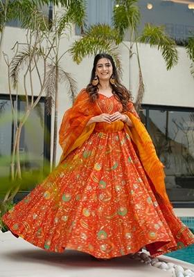 Multicolor Printed Muslin Gown With Dupatta