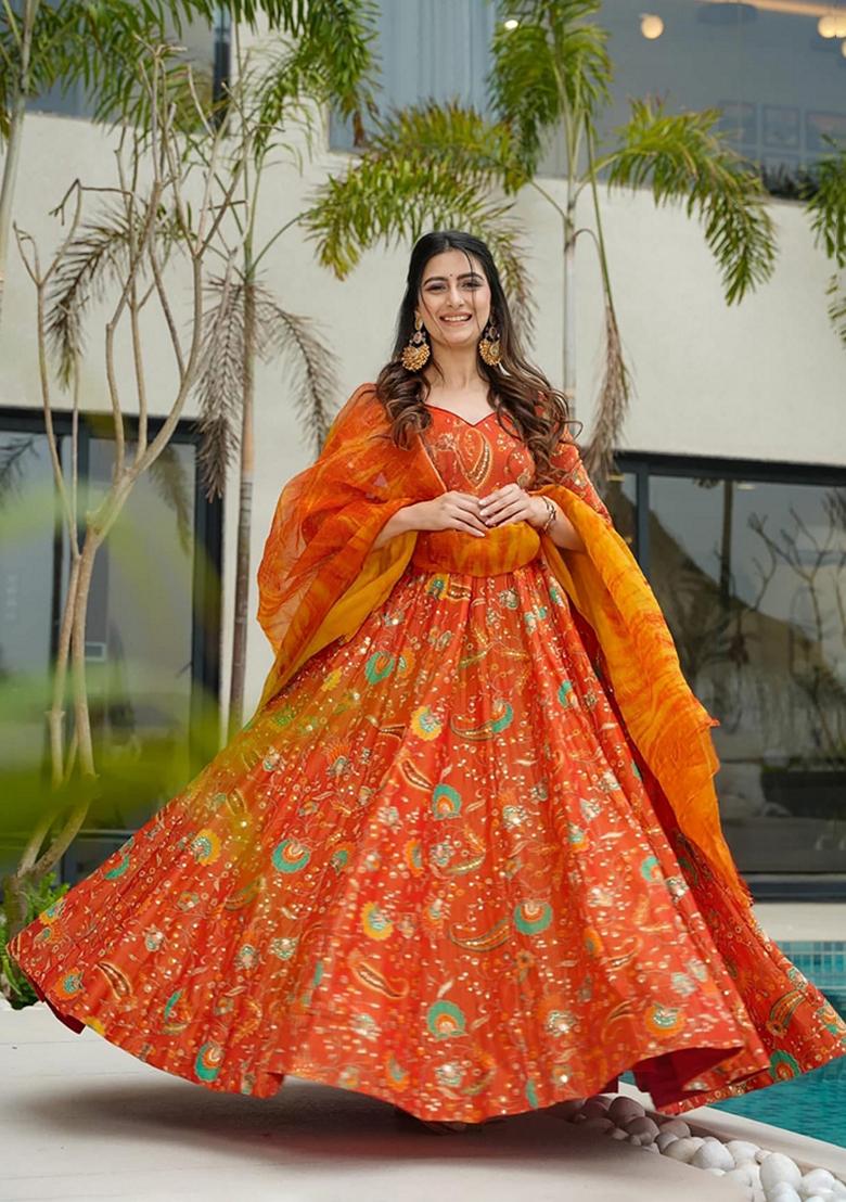 Multicolor Printed Muslin Gown With Dupatta