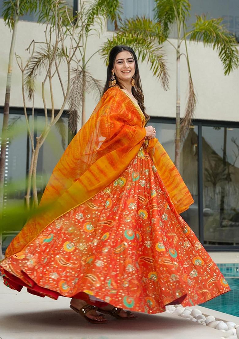 Multicolor Printed Muslin Gown With Dupatta