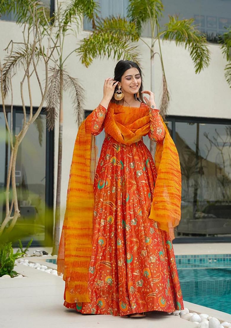 Multicolor Printed Muslin Gown With Dupatta