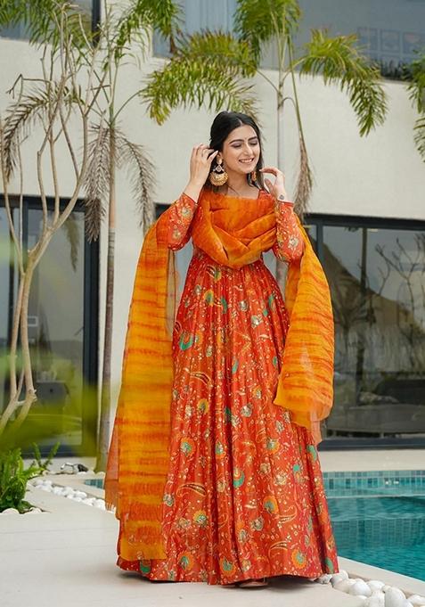 Multicolor Printed Muslin Gown With Dupatta