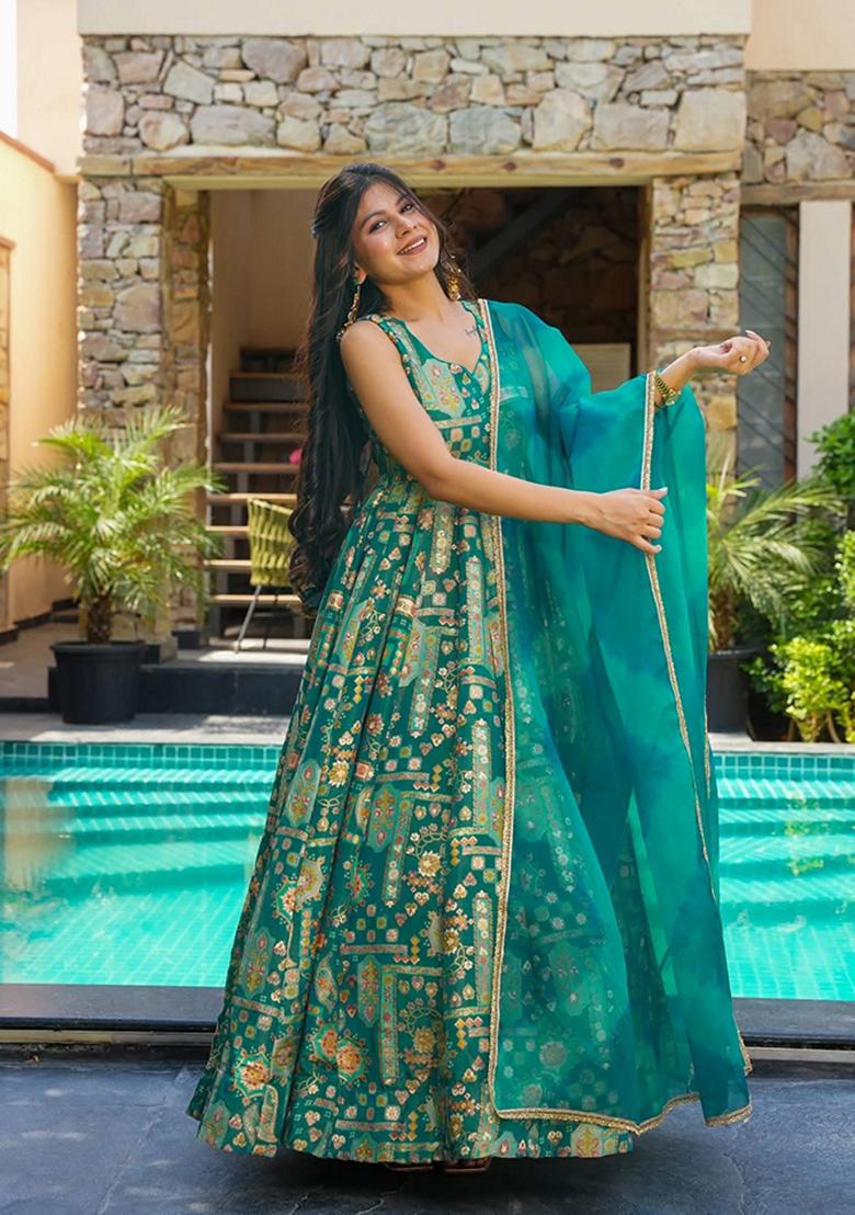 Multicolor Printed Muslin Gown With Dupatta