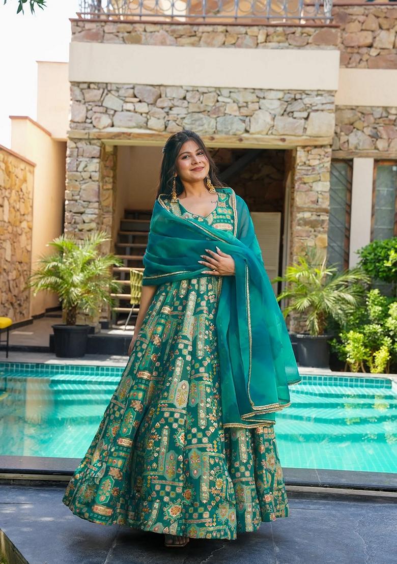 Multicolor Printed Muslin Gown With Dupatta