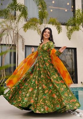 Multicolor Printed Muslin Gown With Dupatta