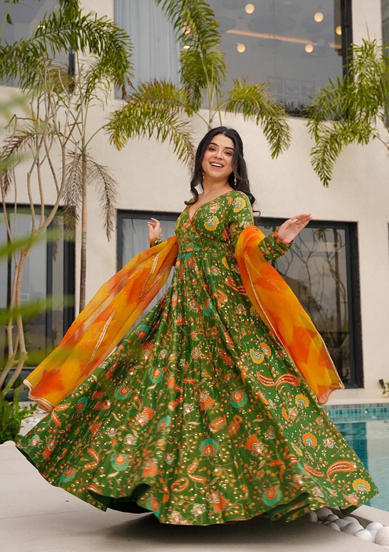 Multicolor Printed Muslin Gown With Dupatta