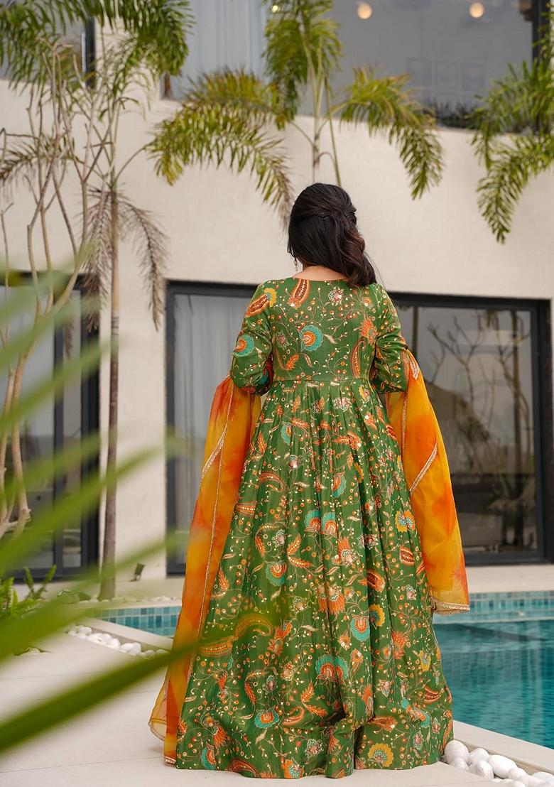 Multicolor Printed Muslin Gown With Dupatta