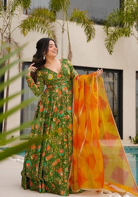 Multicolor Printed Muslin Gown With Dupatta