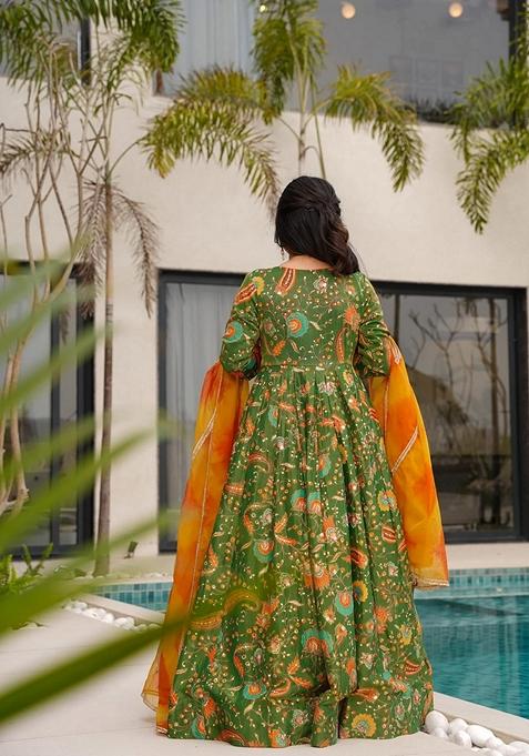 Multicolor Printed Muslin Gown With Dupatta