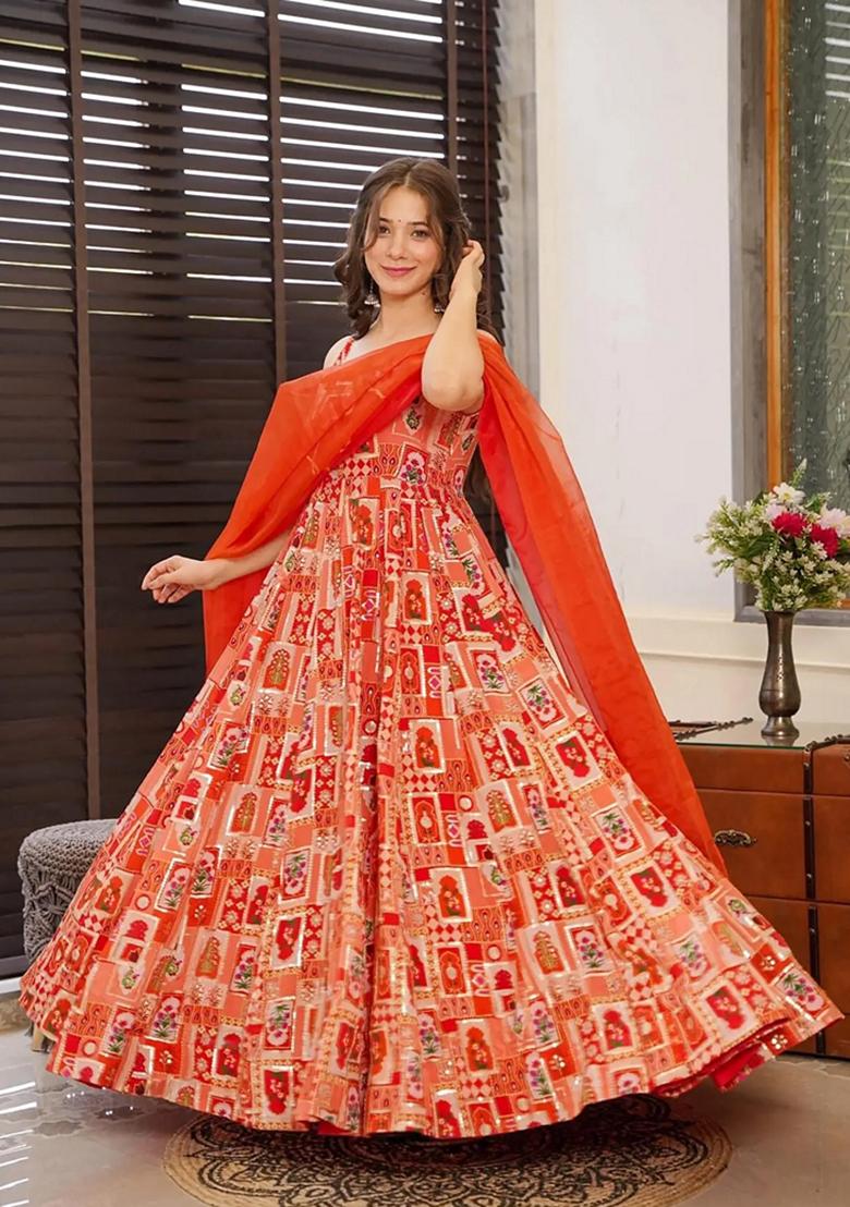 Multicolor Printed Muslin Gown With Dupatta