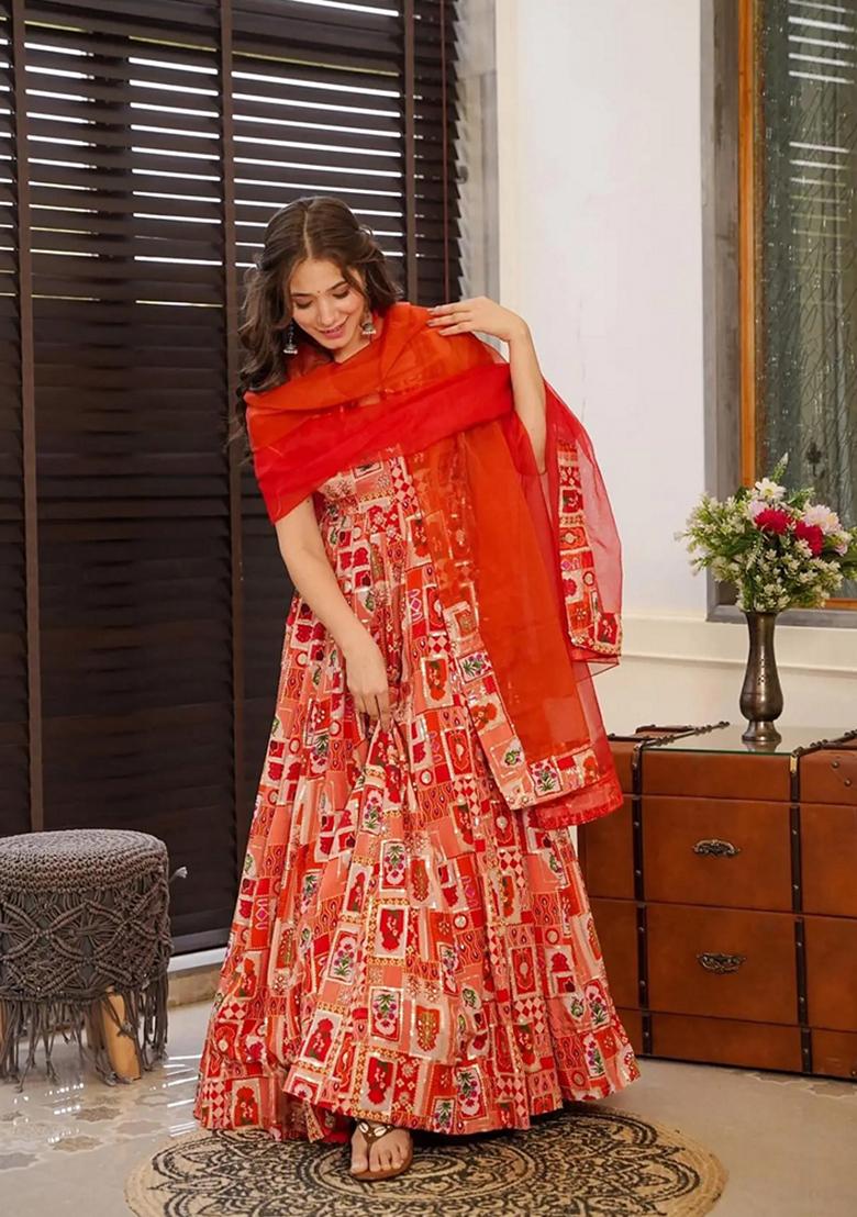 Multicolor Printed Muslin Gown With Dupatta