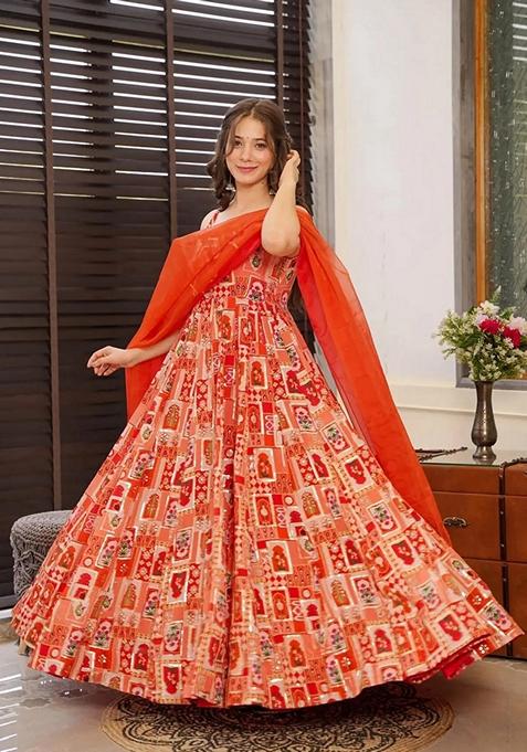 Multicolor Printed Muslin Gown With Dupatta