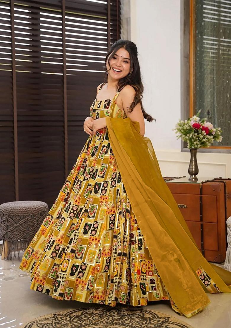 Multicolor Printed Muslin Gown With Dupatta