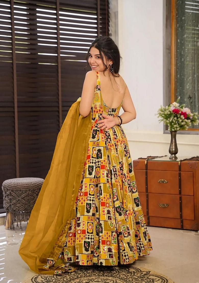 Multicolor Printed Muslin Gown With Dupatta