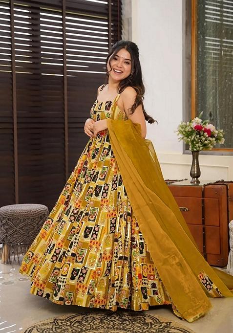 Multicolor Printed Muslin Gown With Dupatta