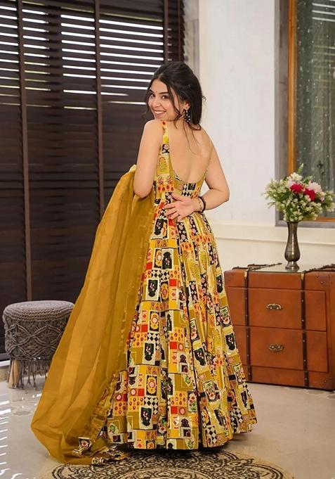 Multicolor Printed Muslin Gown With Dupatta