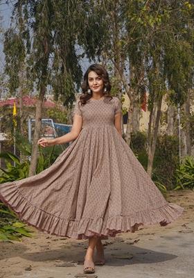 Brown Printed Rayon Gown