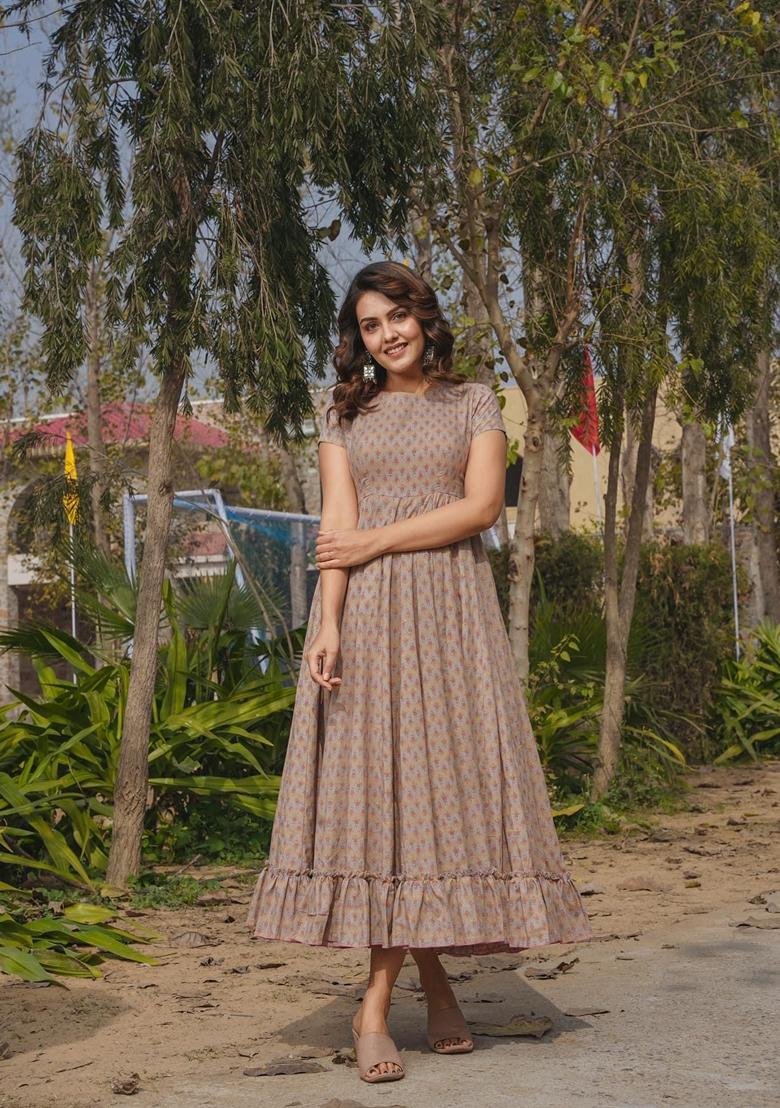 Brown Printed Rayon Gown - Indya