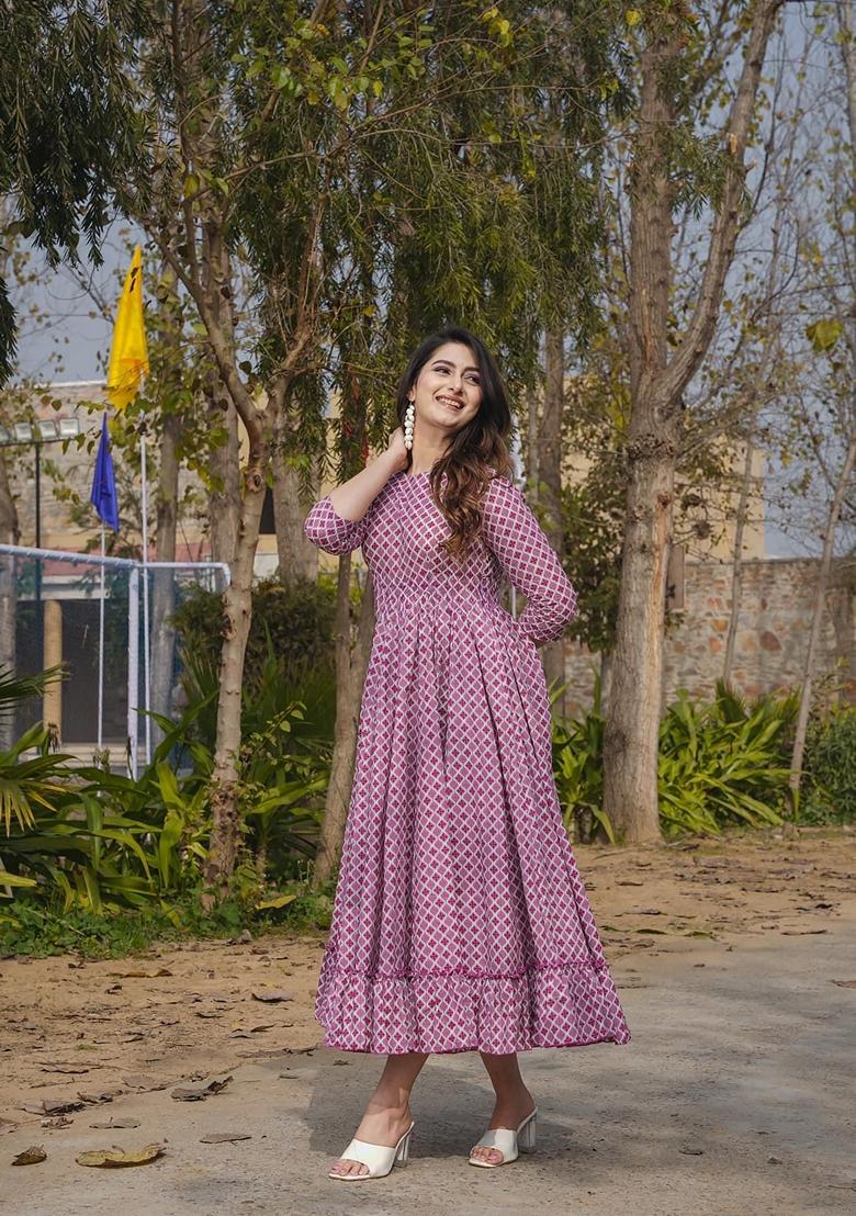 Pink Printed Rayon Gown - Indya