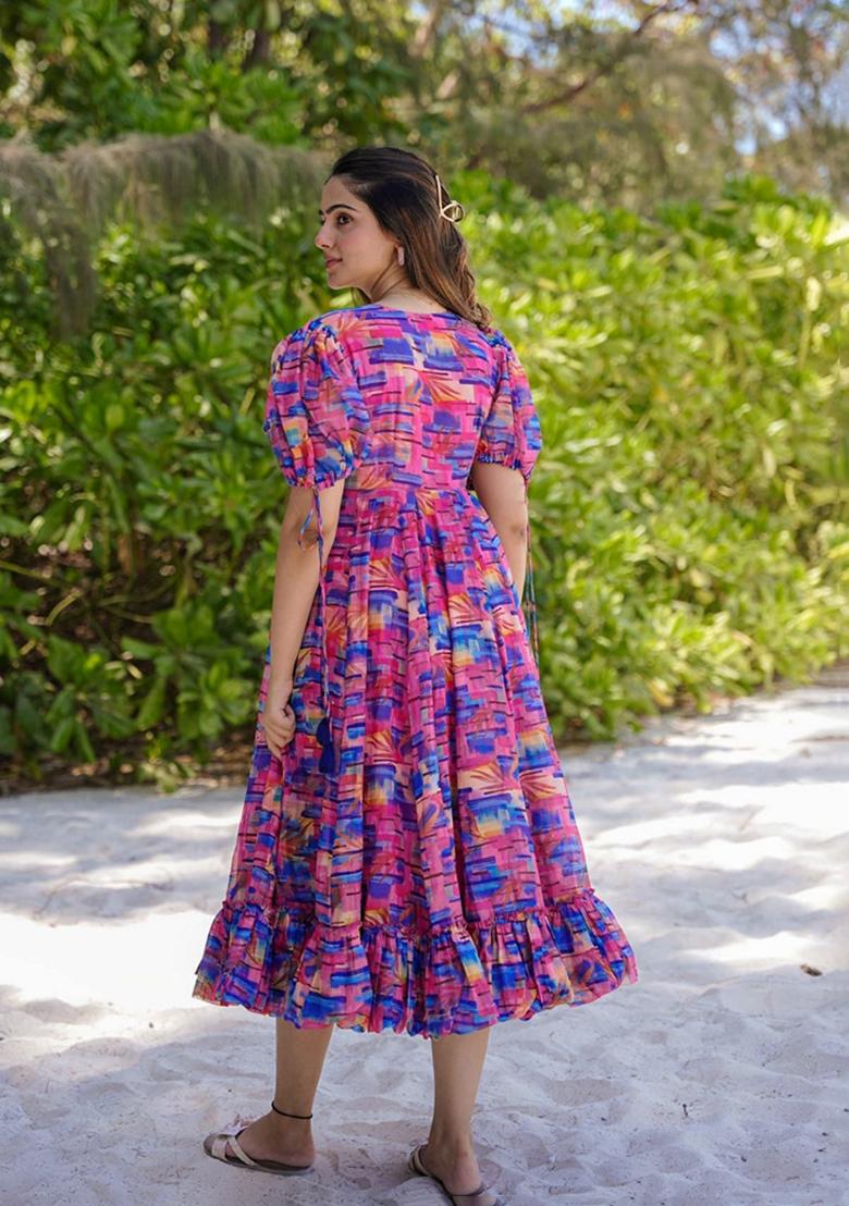 Pink Printed Rayon Gown - Indya