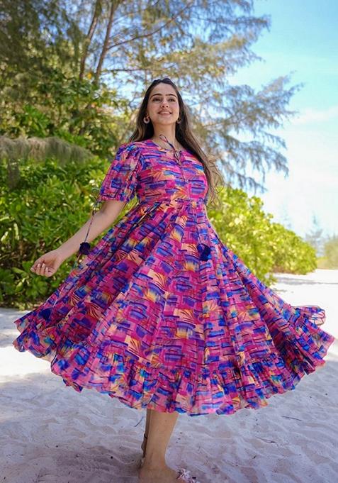 Pink Printed Rayon Gown