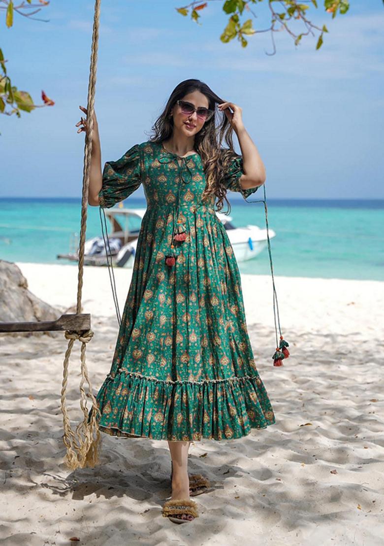 Yellow Printed Rayon Gown - Indya