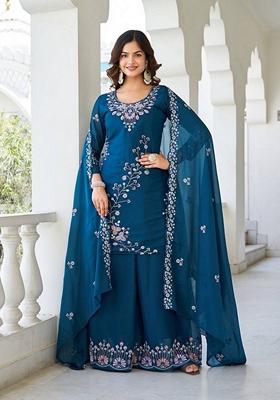 Blue Embroidered Georgette Gown With Dupatta