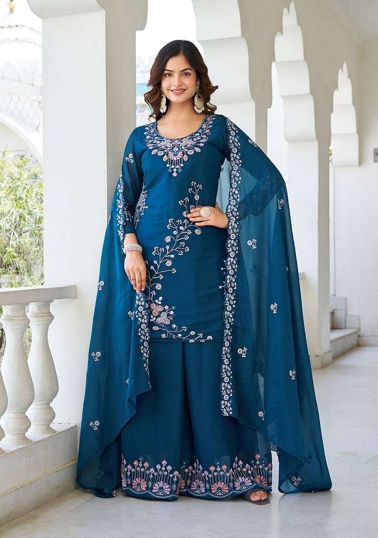 Blue Embroidered Georgette Gown With Dupatta - Indya