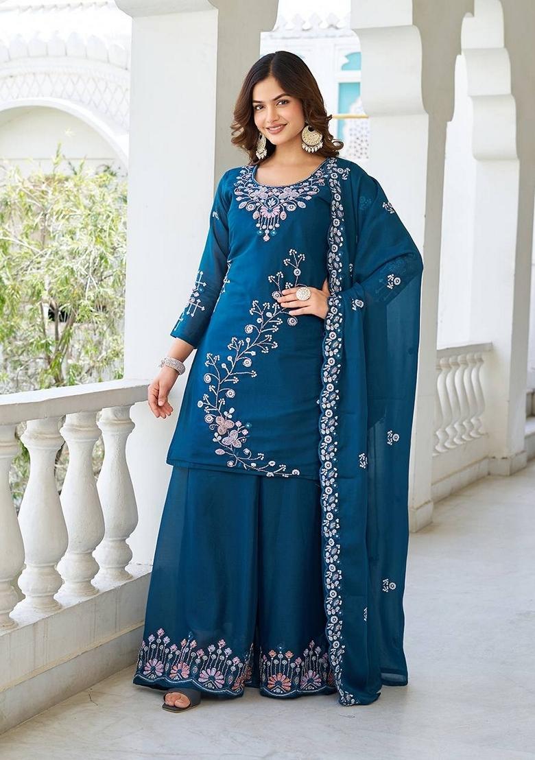 Blue Embroidered Georgette Gown With Dupatta - Indya
