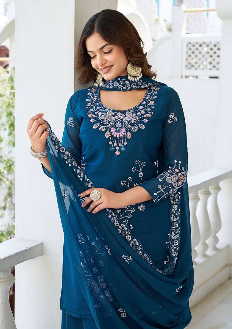 Blue Embroidered Georgette Gown With Dupatta - Indya