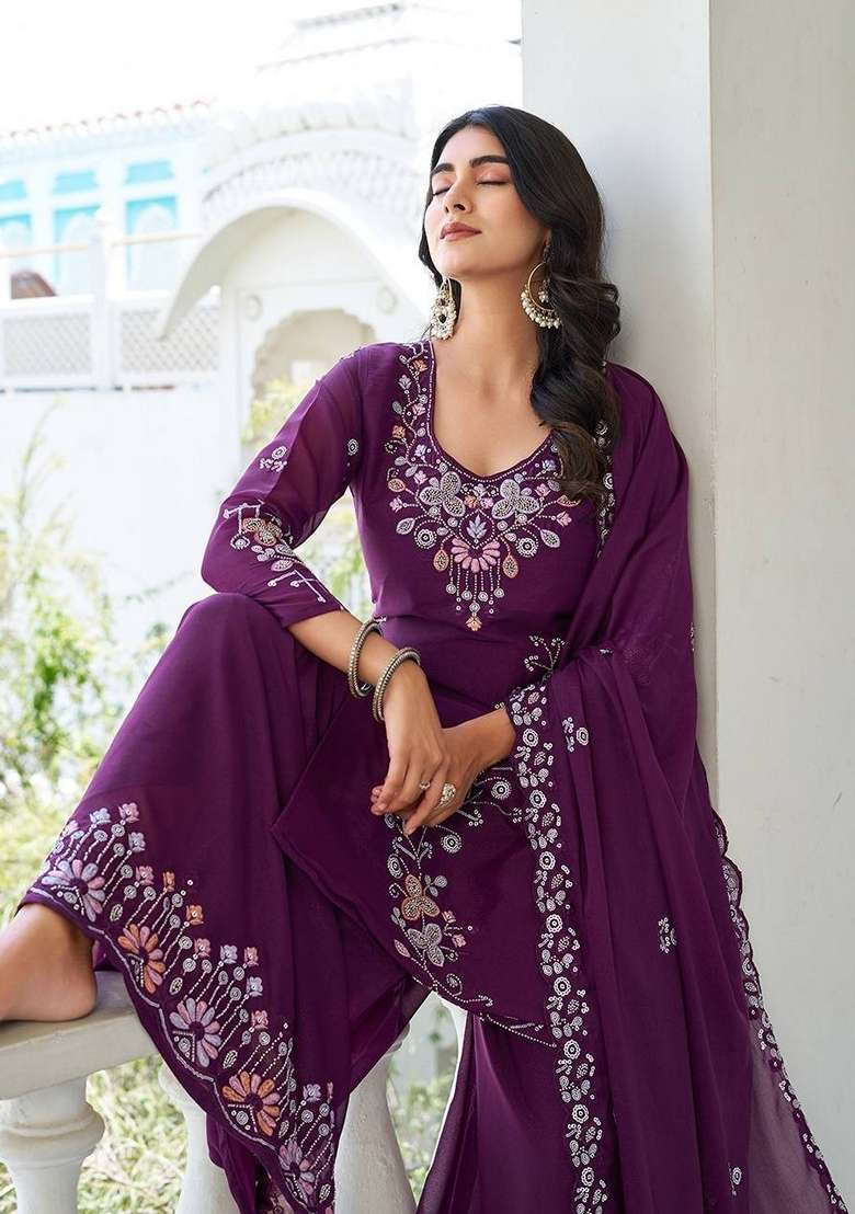 Beige Embroidered Georgette Gown With Dupatta - Indya