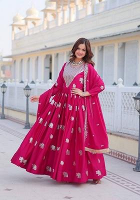 Red Embroidered Georgette Gown With Dupatta