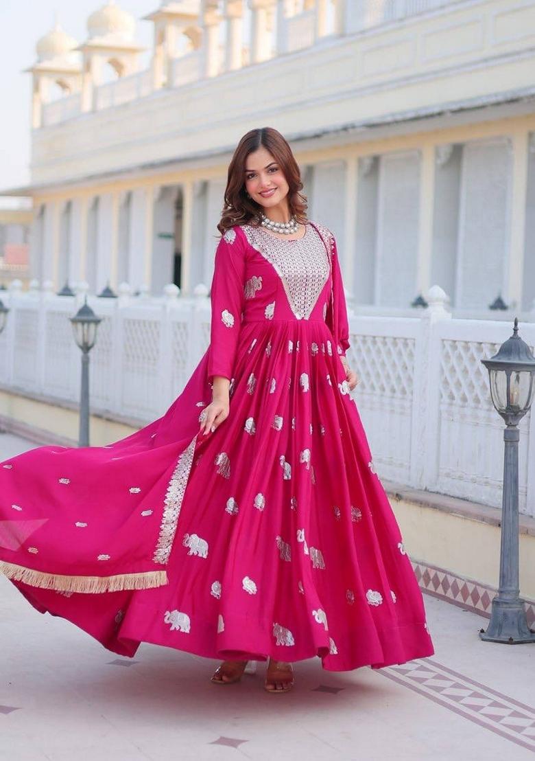 Red Embroidered Georgette Gown With Dupatta