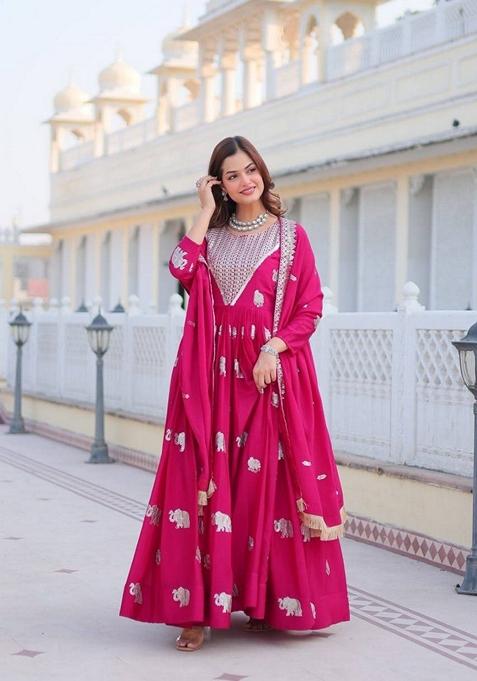 Red Embroidered Georgette Gown With Dupatta