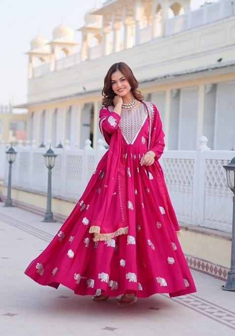 Red Embroidered Georgette Gown With Dupatta