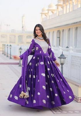 Purple Embroidered Georgette Gown With Dupatta