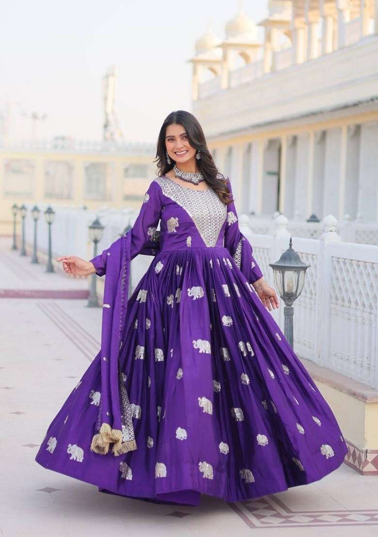 Purple Embroidered Georgette Gown With Dupatta - Indya