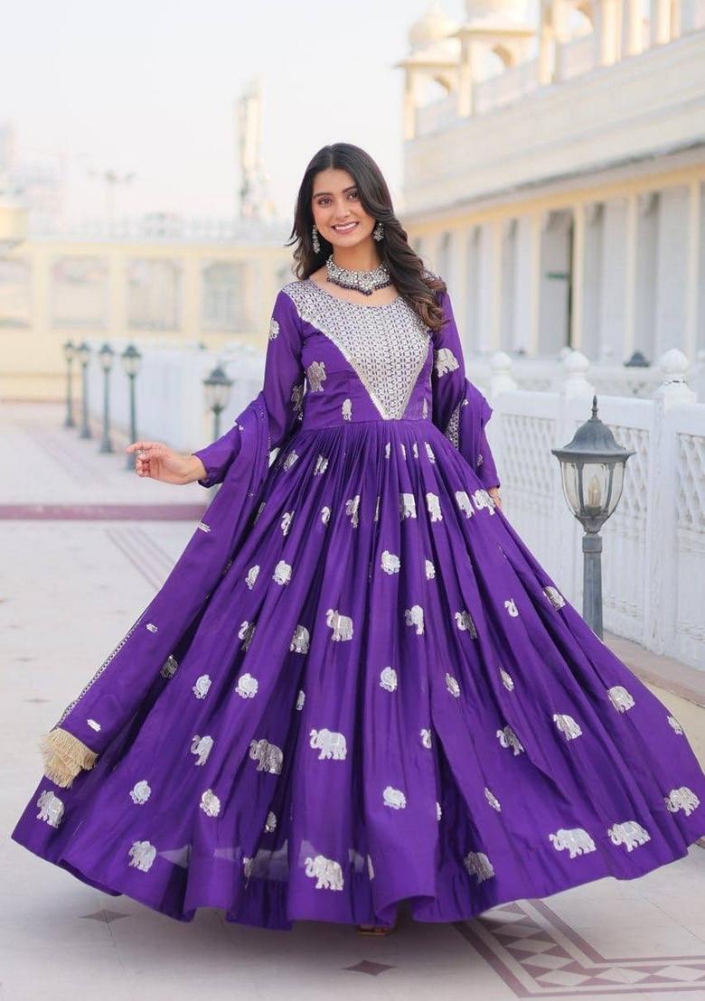 Purple Embroidered Georgette Gown With Dupatta - Indya