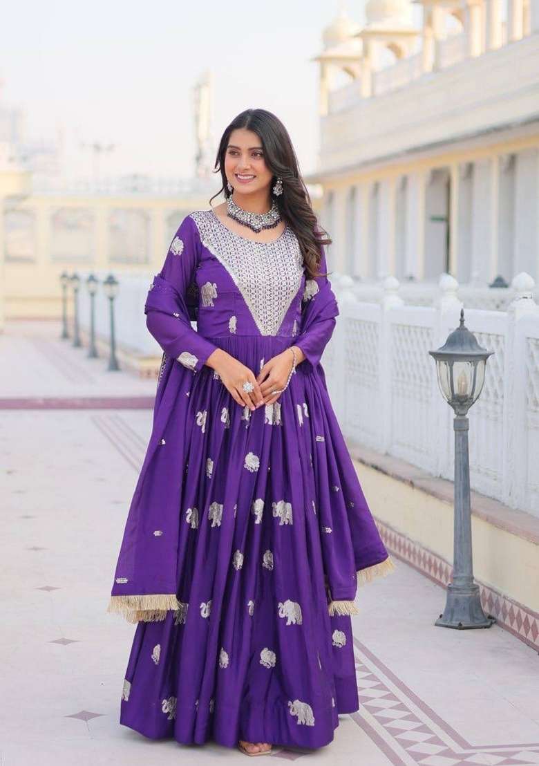 Purple Embroidered Georgette Gown With Dupatta - Indya