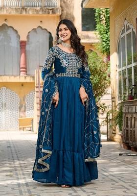Blue Embroidered Georgette Gown With Dupatta