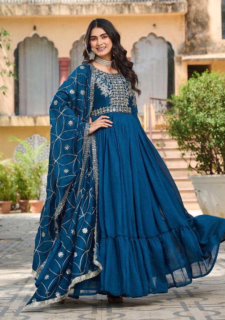 Blue Embroidered Georgette Gown With Dupatta - Indya