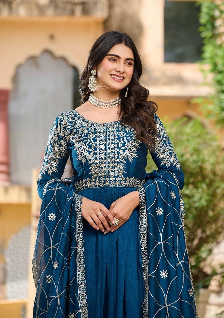 Blue Embroidered Georgette Gown With Dupatta - Indya