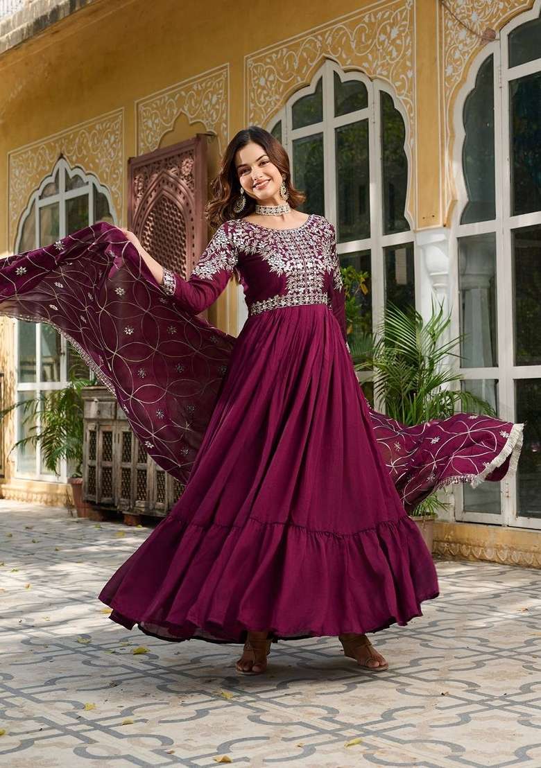 Purple Embroidered Georgette Anarkali Set - Indya