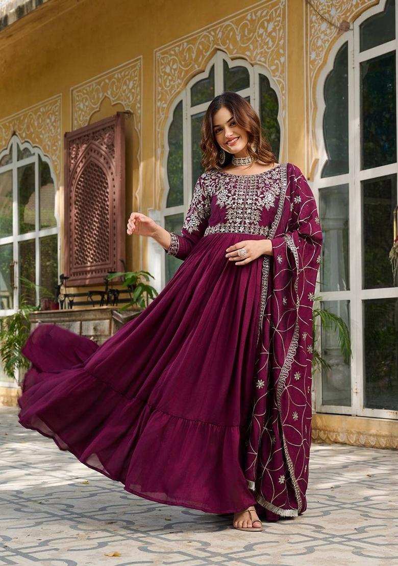 Purple Embroidered Georgette Gown With Dupatta - Indya