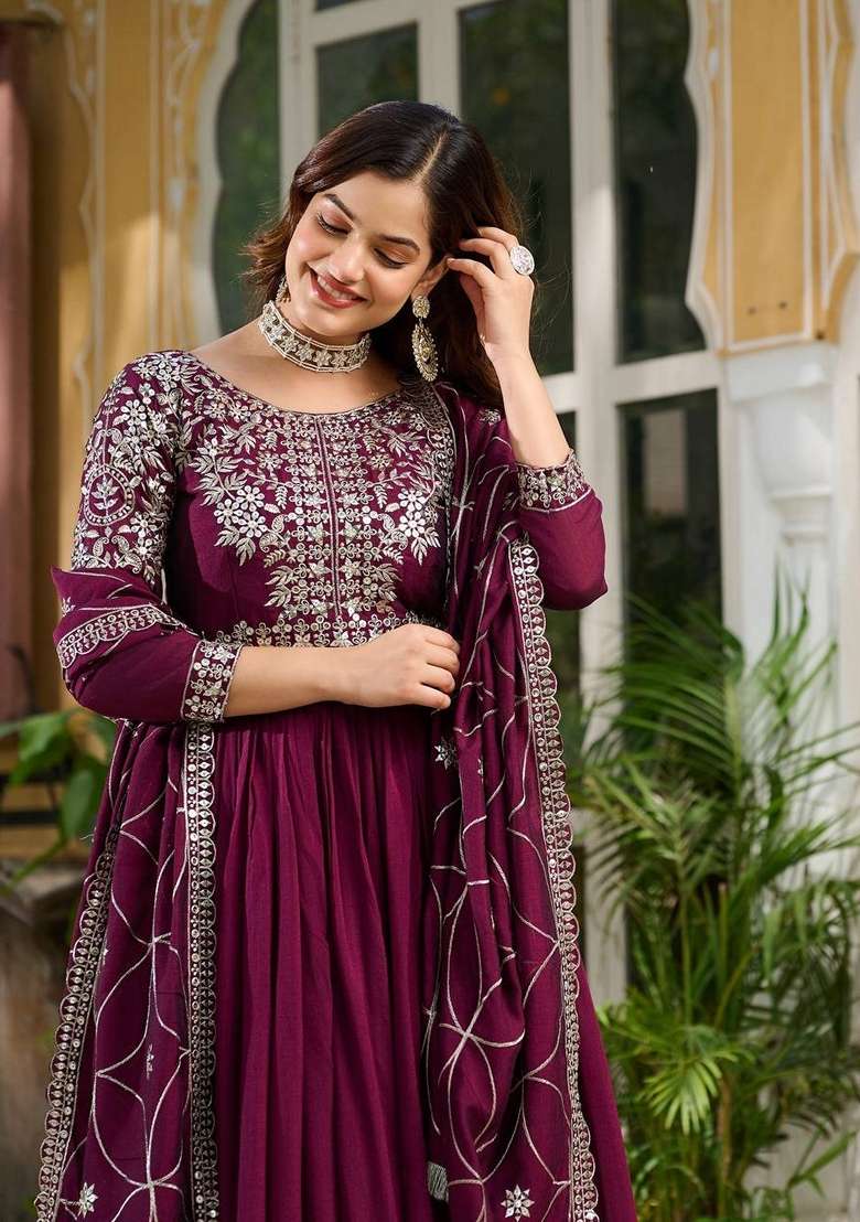 Purple Embroidered Georgette Anarkali Set - Indya