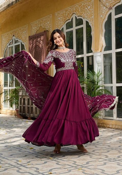 Purple Embroidered Georgette Gown With Dupatta